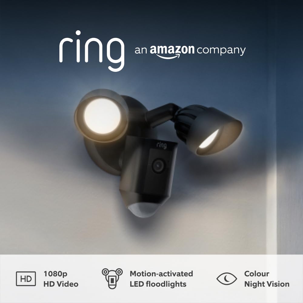 Ring Floodlight Cam Wired Plus | Outdoor Security Camera 1080p HD Video, LED Floodlights, Siren, Wifi, Hardwired | alternative to CCTV system | 30-day free trial of Ring Home | Black