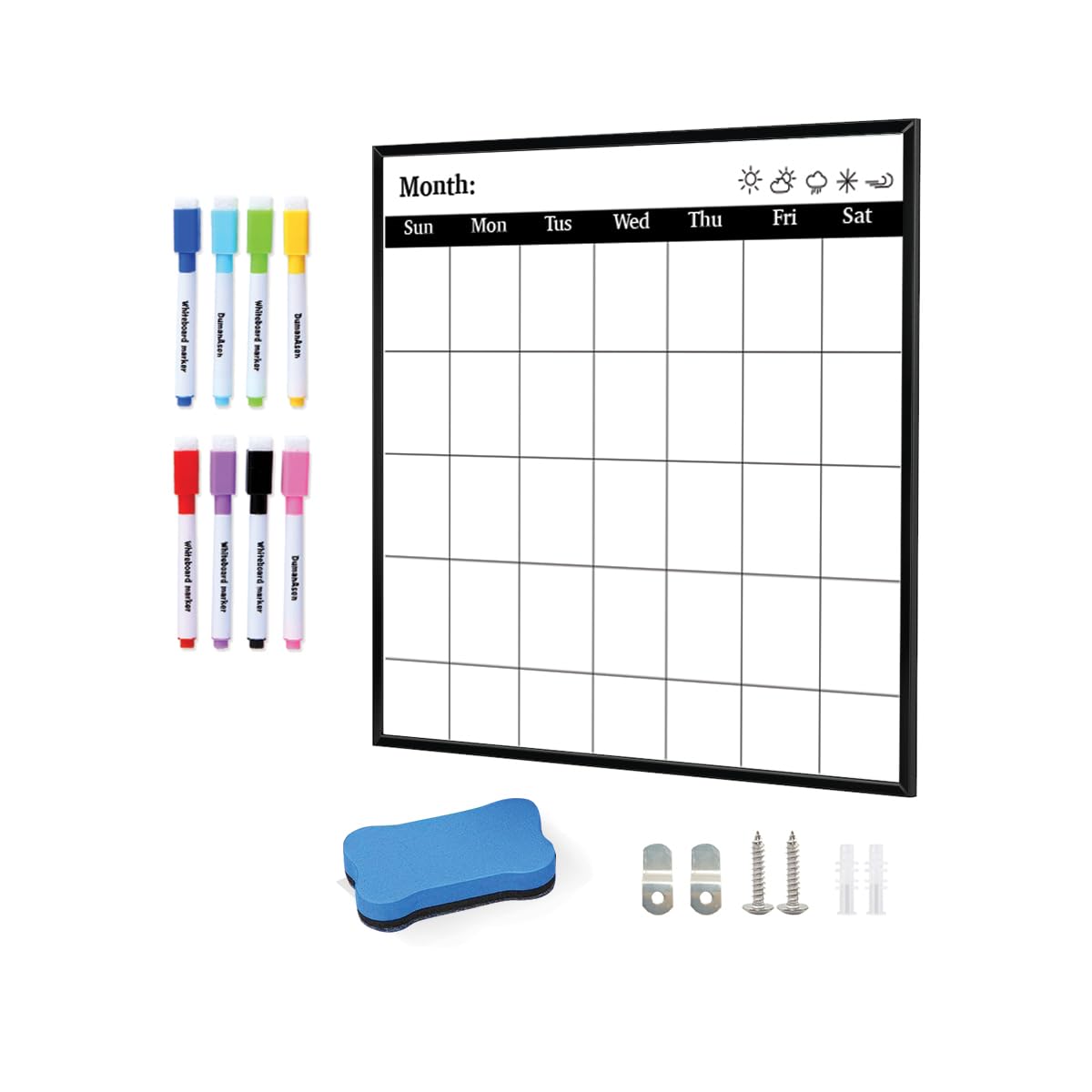 Dry Erase Whiteboard, Cork Board, Magnetic Hanging White Board, Portable White Board, Perfect for Home, School, Office, Black Aluminum Frame (16"x16", Monthly Calendar)