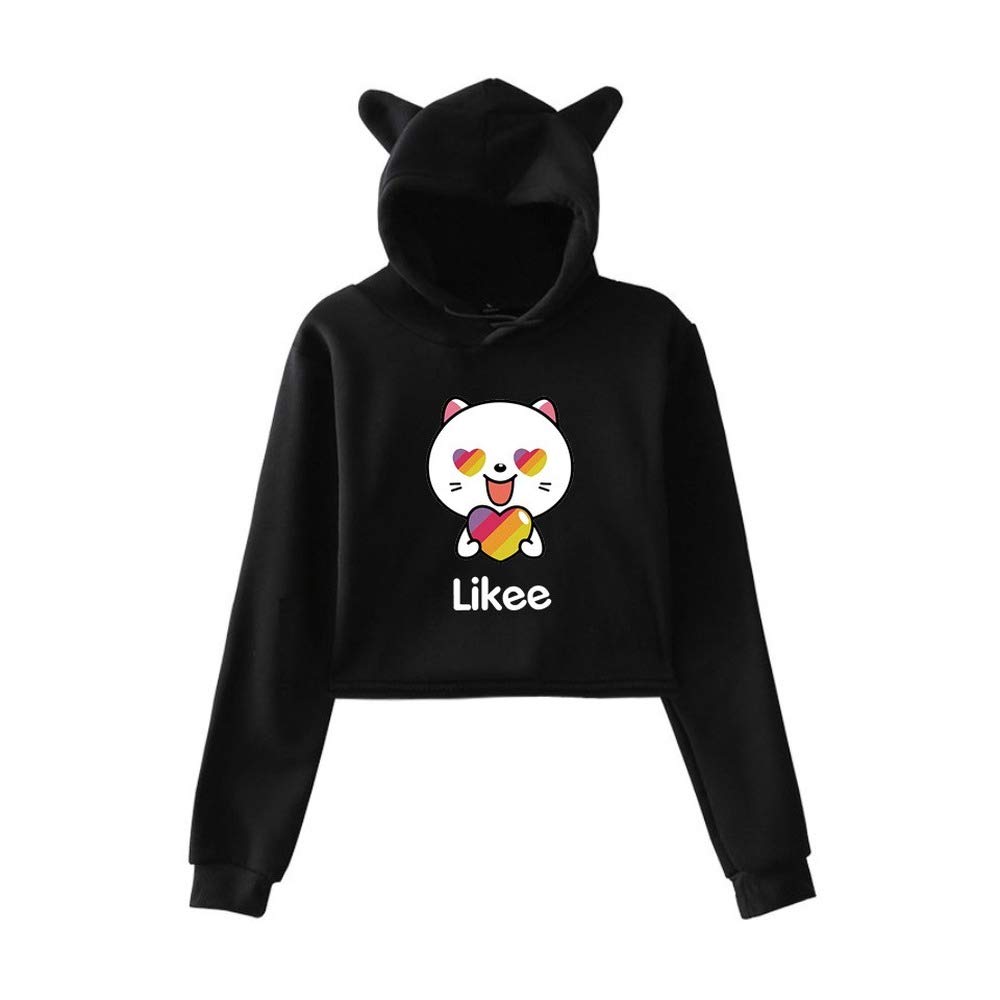 Cat Ear Pink Likee App LIKEE Hoodies Women Cat Crop Top Hoodie Female Rainbow Sweatshirt Trendy Streetwear Hip Hop (Black6,M)