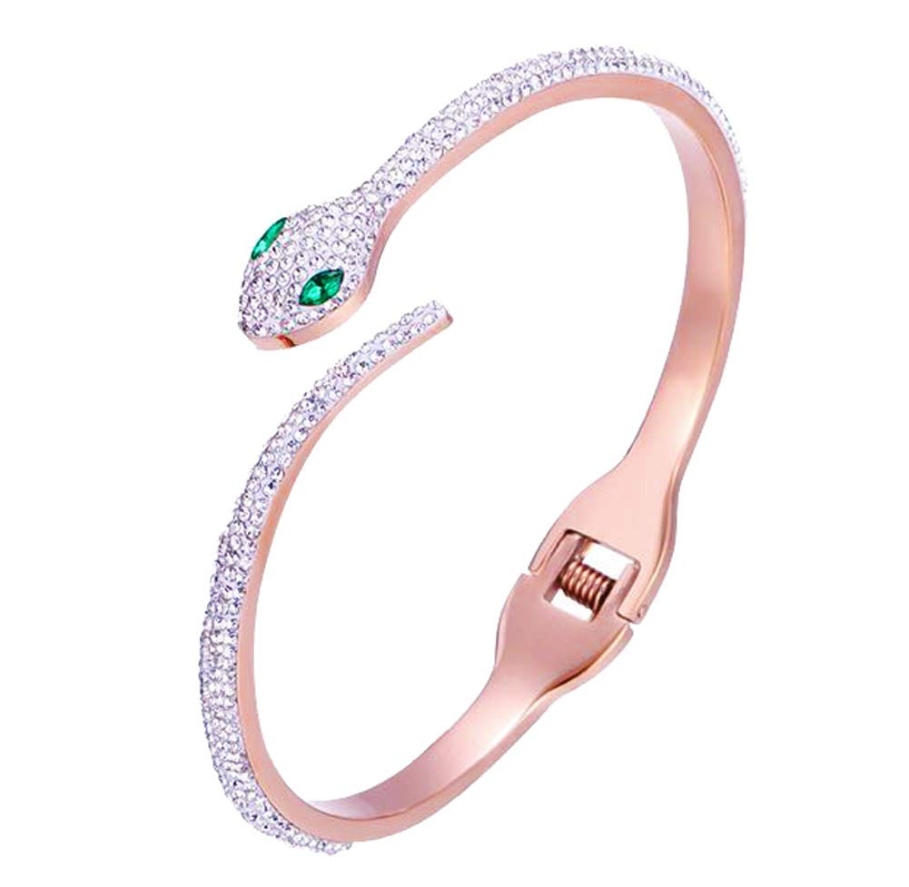 HOSBY Rose Gold Plated Bangle Stainless Steel Crystal Zircon Open Clasp Fashion Snake Bracelet Gift for Women Teen Girls