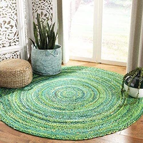 HOUSINE Home Décor Environment Friendly Rectangle Handwoven Special Round Cotton Design Rug, Natural Fibers, Braided Reversible Carpet for Living & Bedroom (Green Cotton, 90 cm - 3 feet Round)