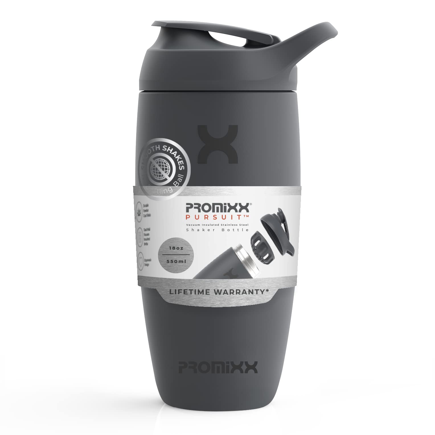 PROMiXX Shaker Bottle - Premium Protein Shaker Cup for Supplement Shakes - Easy Clean, Stainless Steel Cup (550ml/18oz, Graphite Gray)