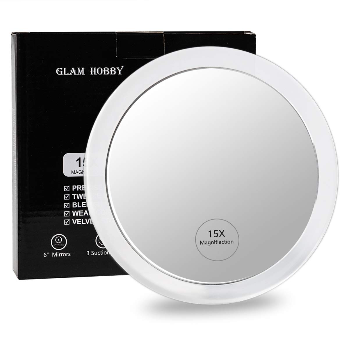 Glam Hobby15X Magnifying Mirror – Use for Makeup Application - Tweezing – and Blackhead/Blemish Removal – 6.3 Inch Round Mirror with Three Suction Cups for Easy Mounting