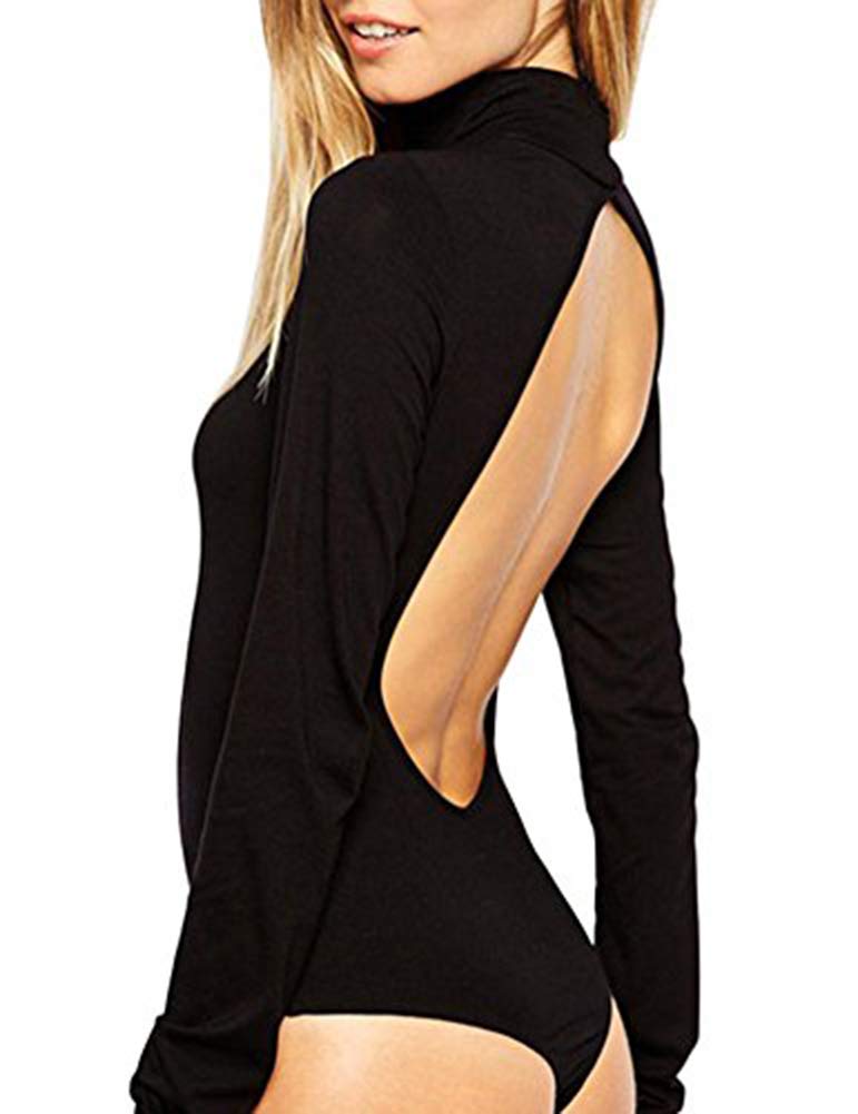 Women's Sexy Jumpsuits Backless Turtleneck Cotton Black Basic Bodysuit