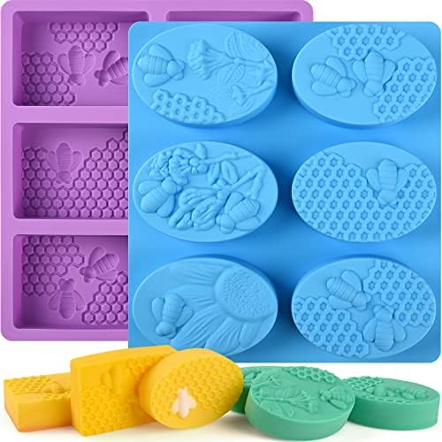 Sakolla 2 Pack 6 Cavity Bee Silicone Soap Molds Rectangle Oval Honeycomb Silicone Molds Loaf Handmade Molds for Soap Making Supplies DIY Wax Melts, Beeswax, Cake Chocolate Bakeware