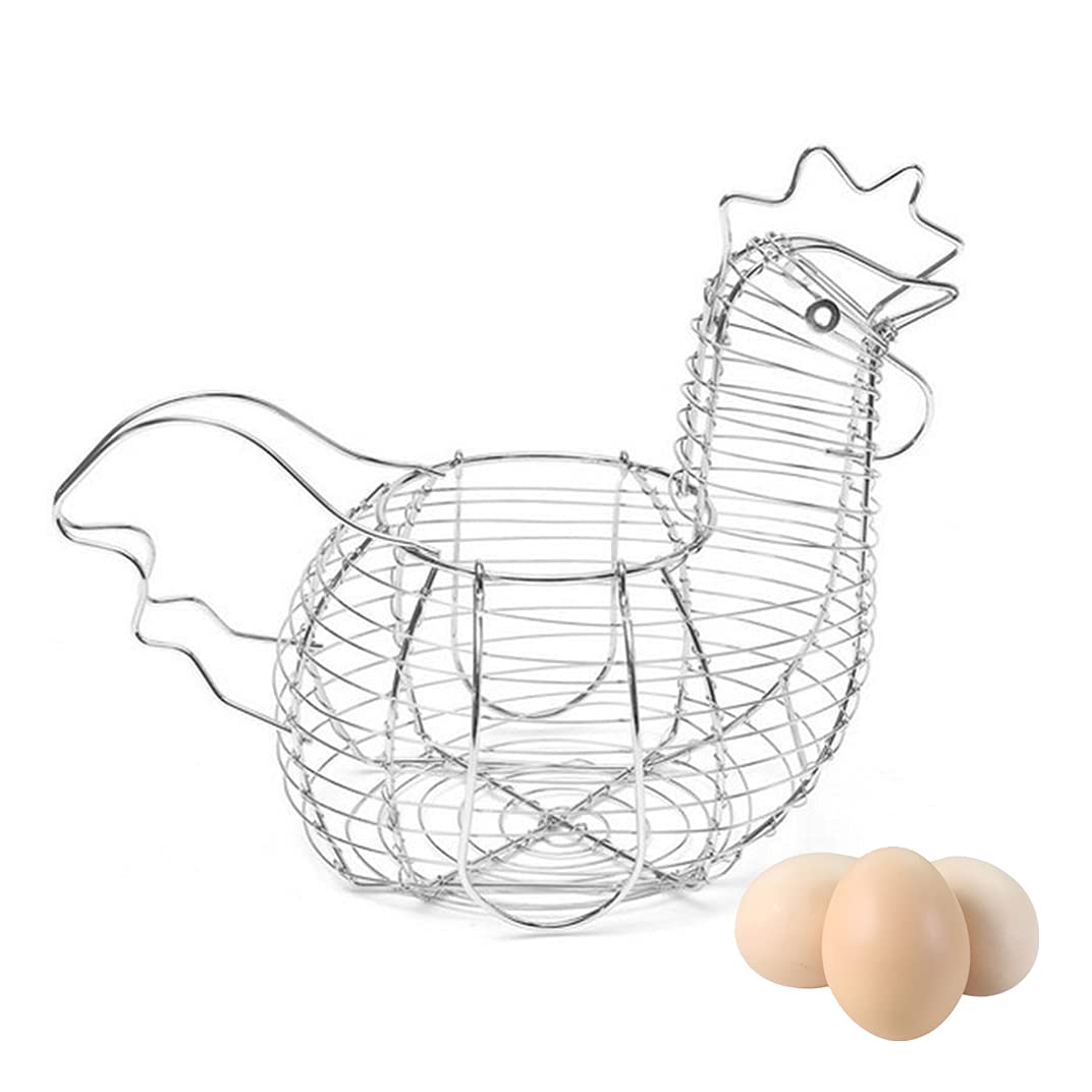 MEETOZ Chicken Egg Basket Holder Metal Wire Hen Shaped Kitchen Storage Rack, Egg Basket with Handle, Holds 15-20 Eggs, for Kitchen Living Room Home Décor Decoration Storage