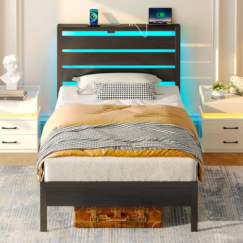 Rolanstar Bed Frame Twin Size with USB Charging Station, LED Bed Frame with Wood Storage Headboard, Black Metal Platform Bed with Under Bed Storage, No Box Spring Needed, Noise Free