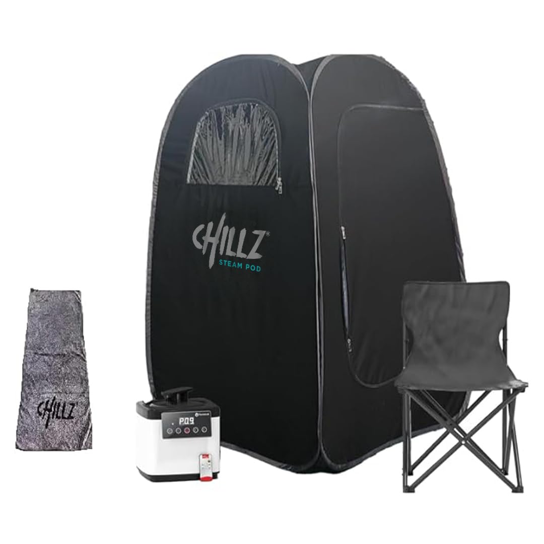 CHILLZ® Steam Pod Portable Sauna Pod Sauna Tent – Full Body Portable Sauna Steam Tent, Steam Sauna Home Sauna Pod with Remote + Touchscreen 1000W 2.6 Litre Generator inc Chair, Dry Towel, Dry Matt