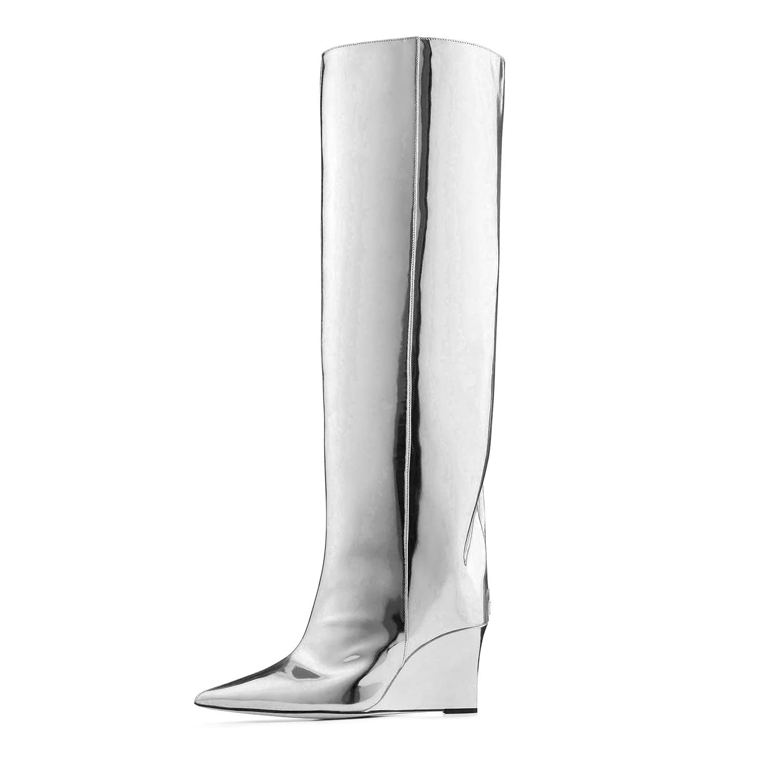 THESHYWomen‘s Pointed Toe Knee High Boot Wedge Metallic High Heel Thigh High Boot Patent Leather Pull on Shoes