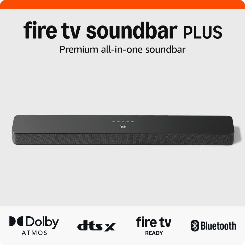 Introducing Amazon Fire TV Soundbar Plus, 3.1 channel, all-in-one design, Dolby Atmos, DTS:X, clear dialogue, 2024 release