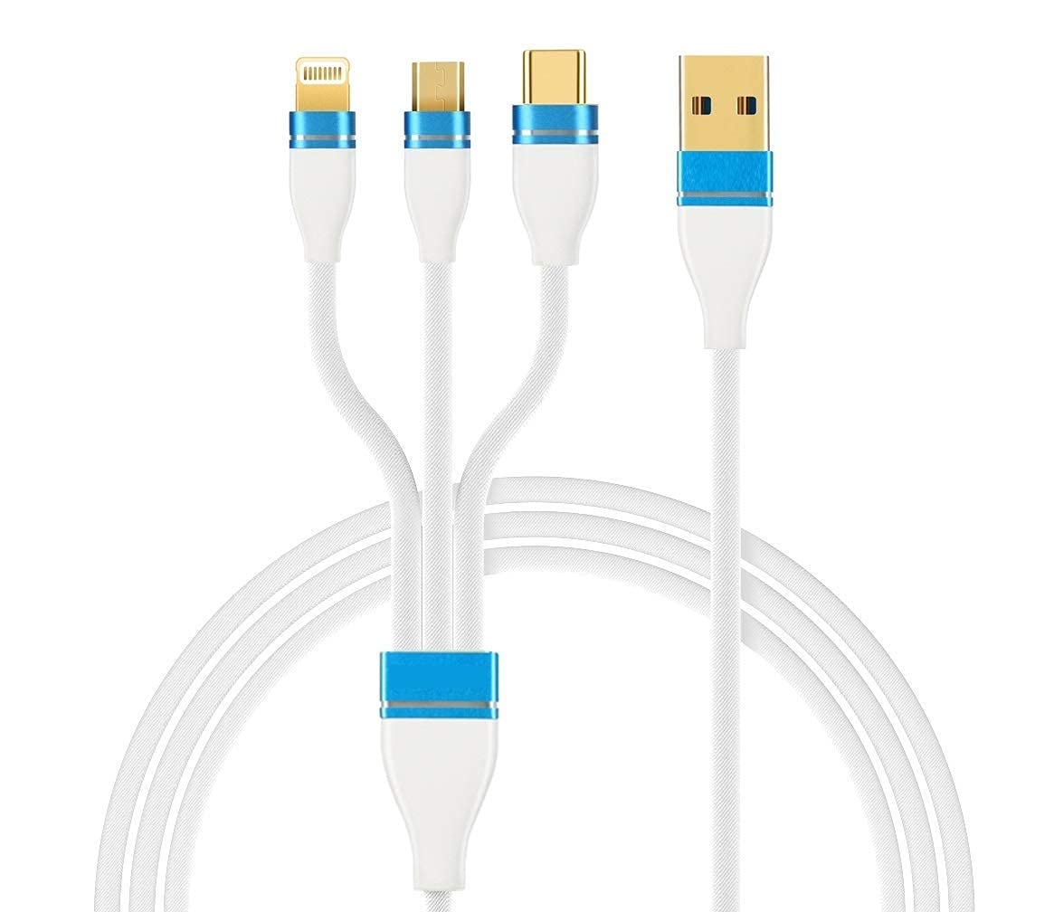 Lakshika 3 in 1 Multi-Pin Fast Charging Nylon Braided USB Cable For Micromax Canvas Selfie 2 Q340 3in1 Cable 3.0 A 1 m Data Cable for Charging Micro USB for iOS and Type C Mobile Phones (LP1-White)