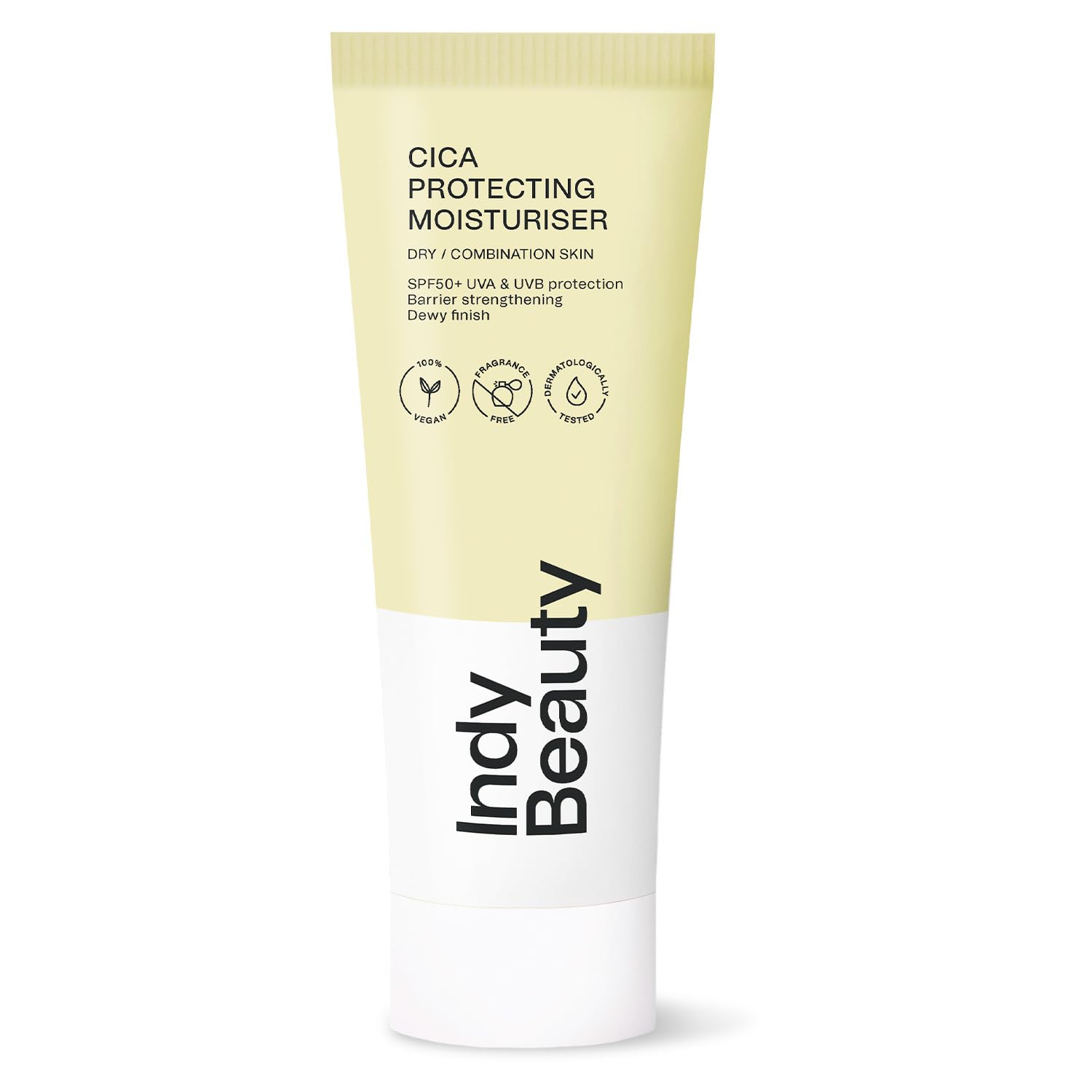 SPF 50 Face Moisturiser with Cica for Dry & Combination Skin, 50ml - Lightweight Centella Sunscreen Against UVA & UVB - Face Sun Cream SPF50 - Anti Redness Cream - Vegan & Fragrance Free - Indy Beauty