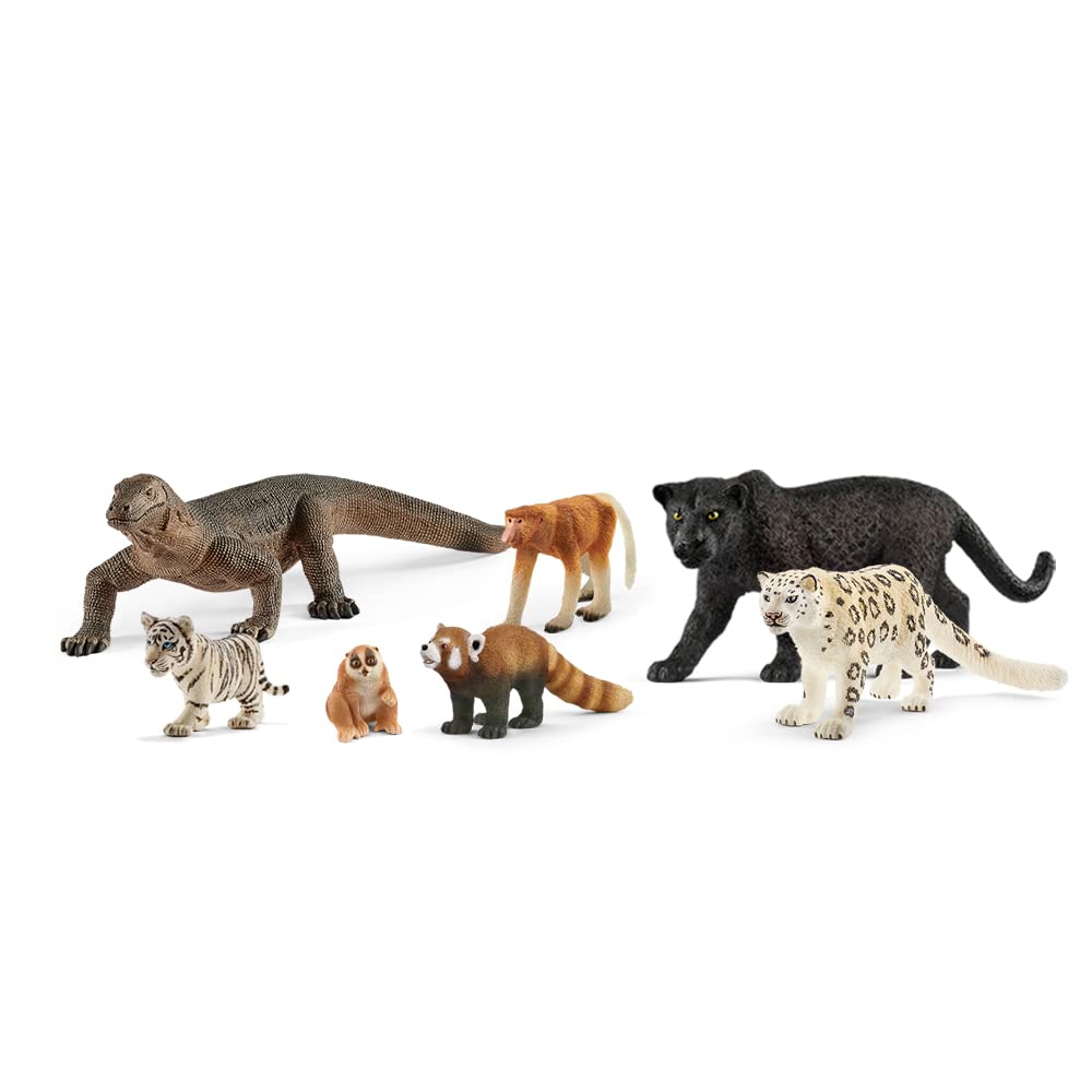 SchleichWild Life Realistic Asian Animal Figurine Set - 7-Piece Jungle Animals Playset with Multicolor Animal Figurines Including Jaguar, Komodo Dragon, Red Panda and More, Gift for Kids Age 3+