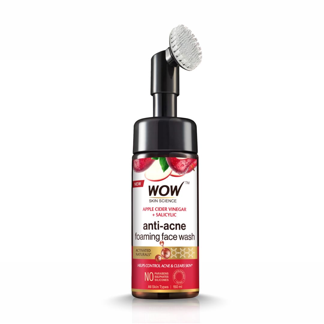 WOW Skin Science Apple Cider Vinegar Foaming Face Wash - No Parabens, Sulphate, Silicones & Color (with Built-in Brush) - 150mL