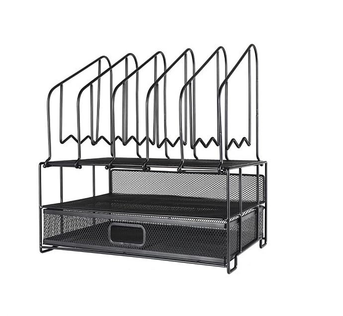 THE WHITE SHOP Mesh Desk Organizer with Double Tray, 6 Upright Sections and Sliding Drawer, Black