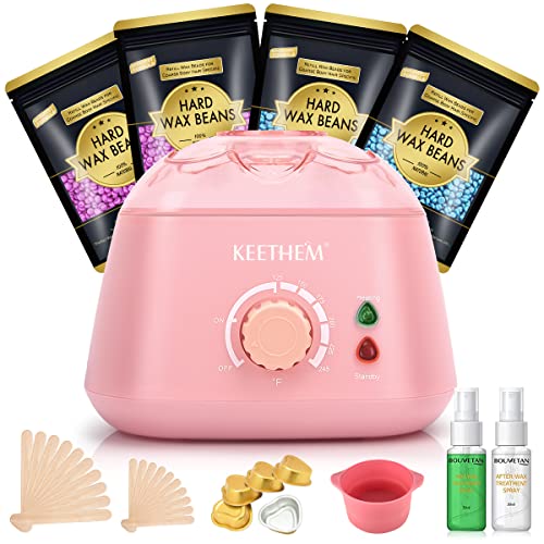 Keethem Waxing Kit - Wax Warmer for Hair Removal, 4 Packs Hard Wax Beads(14.1oz total), at Home Waxing Kit for Women Sensitive Skin - Ideal for Brazilian, Facial Hair, Bikini, Legs, Armpit, Eyebrow