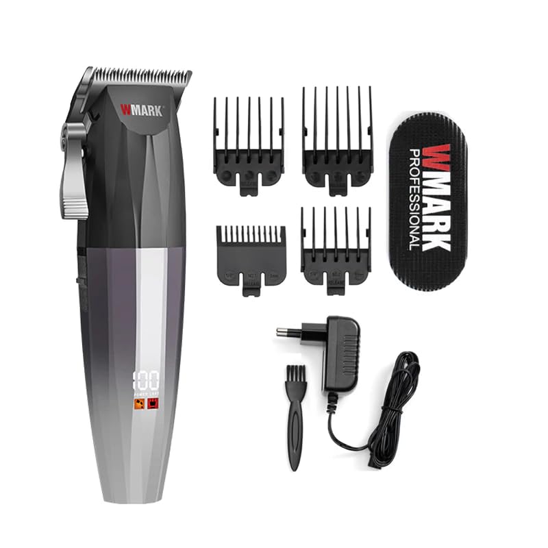 WMARK NG-222 Digital Display Professional Taper Lever Cordless Hair Clippers Cutter Wireless Hair Grooming Trimmer Set 7200 RPM Carbon Brush Motor charging adaptor 4 Guide Comb Runtime 180 min, Black