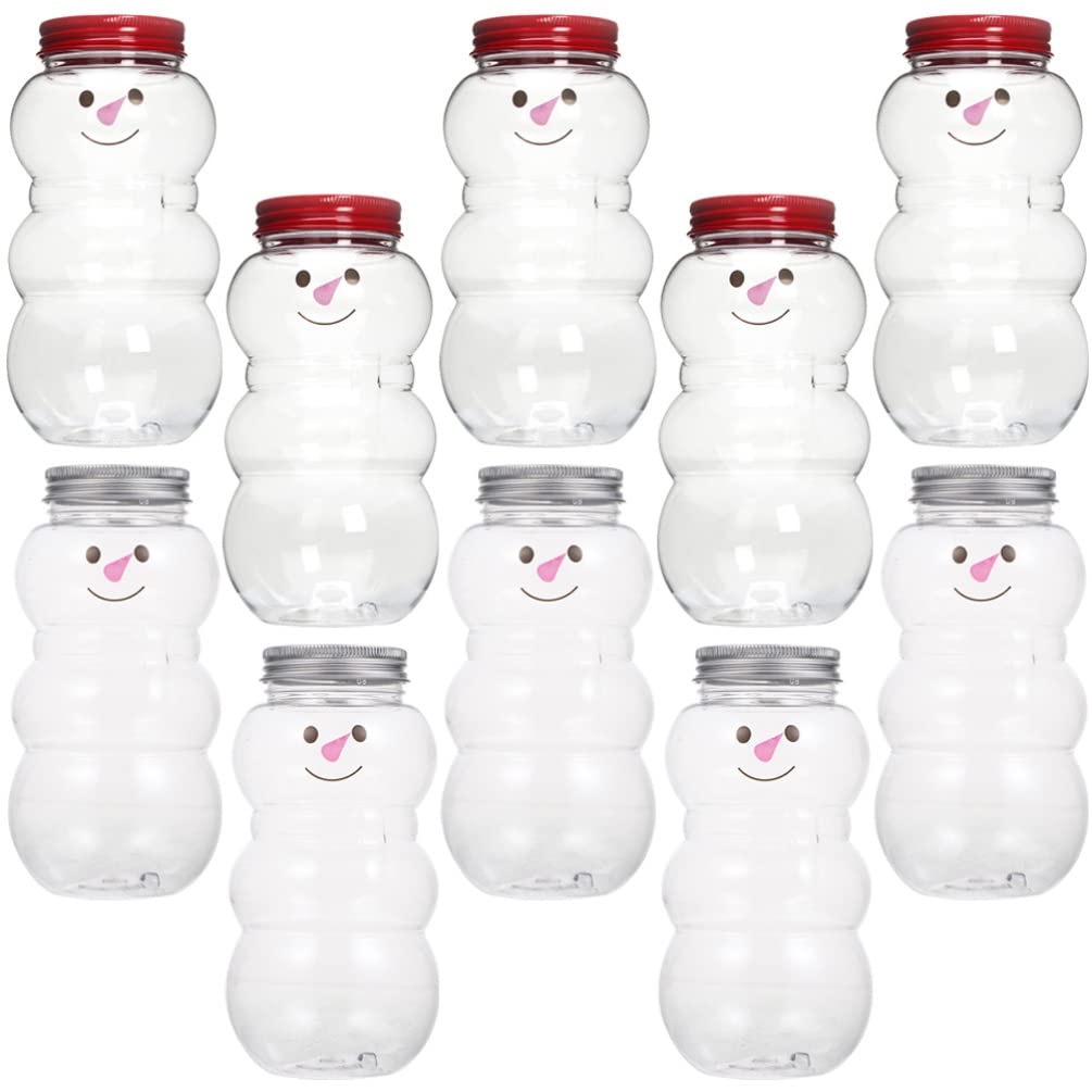 Tofficu 10Pcs Christmas Candy Jars Home Holiday Decor Clear Plastic Cookie Jar with Snowman Doll Sweet Gift Box Bottle Holder Empty Juice Bottles Milk Beverage Bottles Drink Containers 500ml