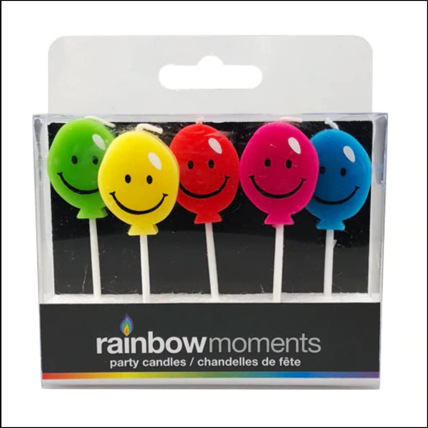 Rainbow Moments Shape Candles; Happy Face printed in black on balloon shapes Candle colors: yellow, pink, green, red and blue.