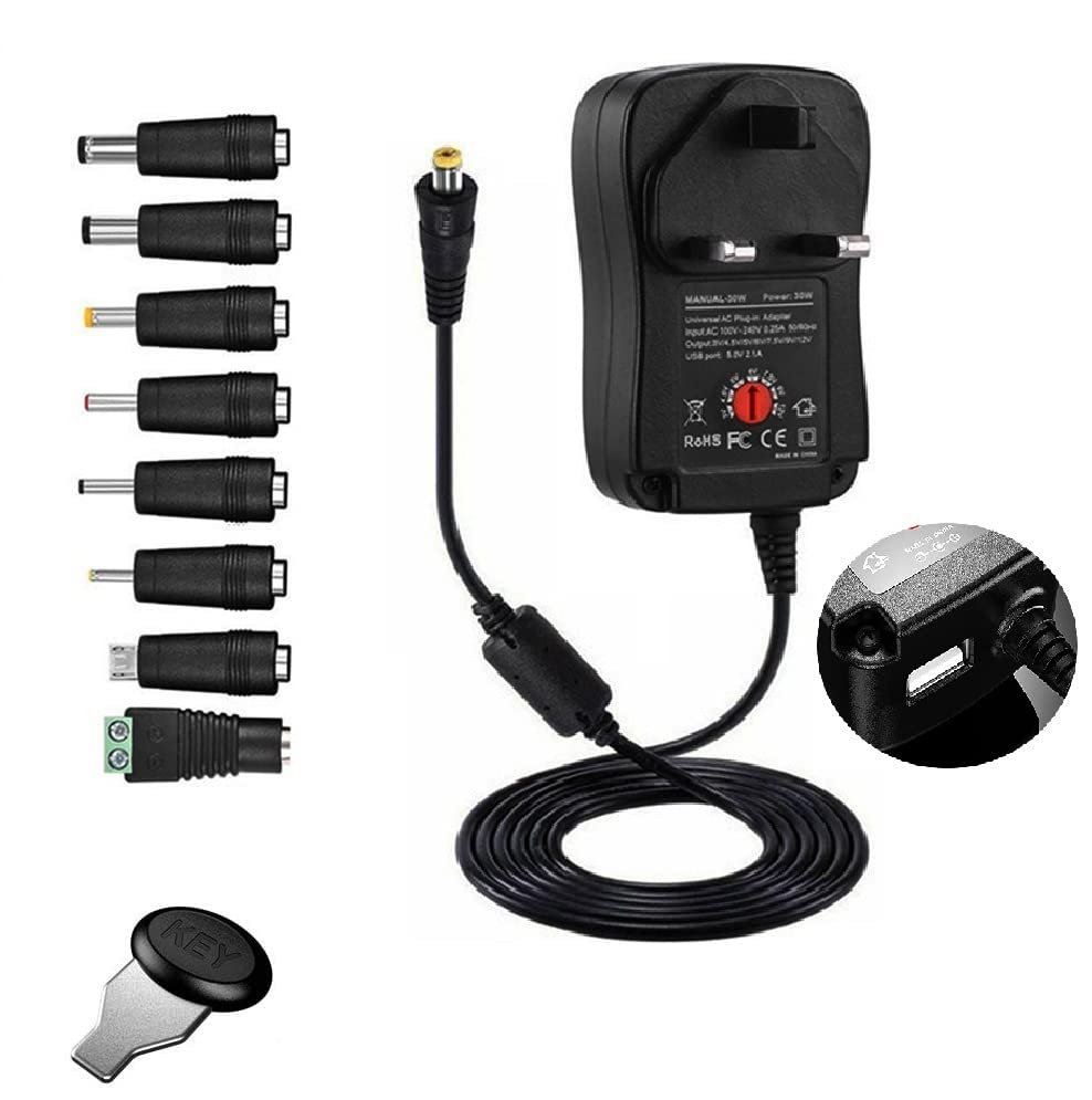 RJMAC DC Power Adapter 3V/4.5V/5V/6V/7.5V/9V/12V-2A, MAX 30W, Universal Multifunctional PortableDC Transformers USB port, 8 Selectable Adaptor Tips Used for Various Small Electronic Devices, black