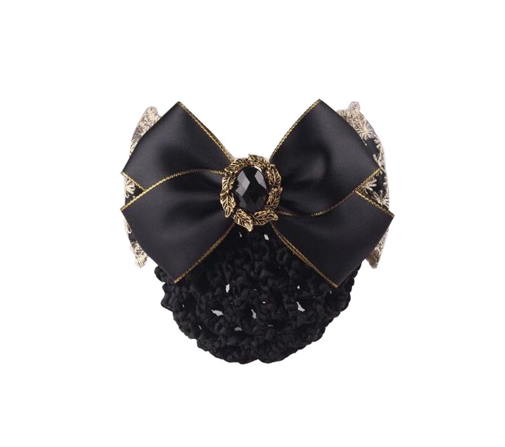 1PCS Lace Ribbon Bowknot Rhinestone Snood Net Elastic Hair Clip Barrette Bun Cover Black