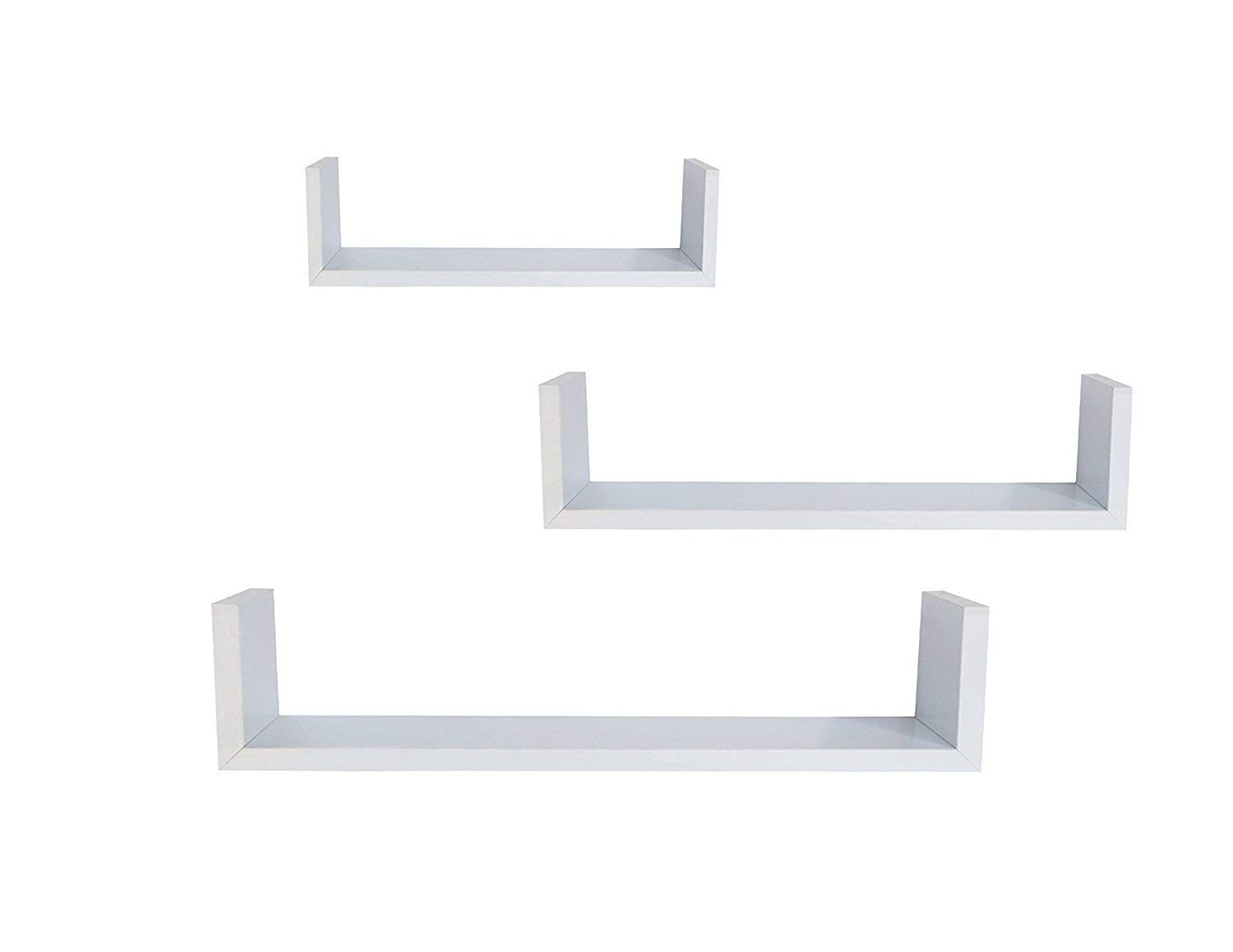 3 Floating U Shelves,8.5" D x 17.9" W x 4.6" H, White