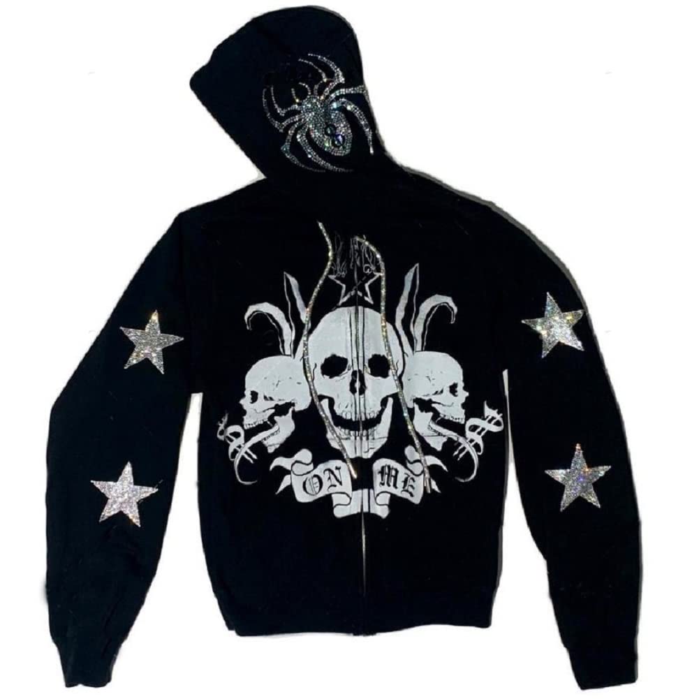 YEOU Women Rhinestone Y2K Spider Skeleton Hoodies Punk Jackets Streetwear Goth Harajuku Oversized Zip Up Hoodie