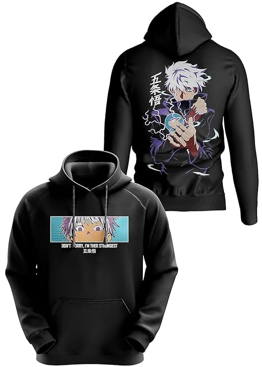 DUDEMEGojo Saturo Unisex Anime Hoodie 100% Cotton Anime Hoodies 350 GSM Double Bio-Washed Anime Hoodies (Large, Black)