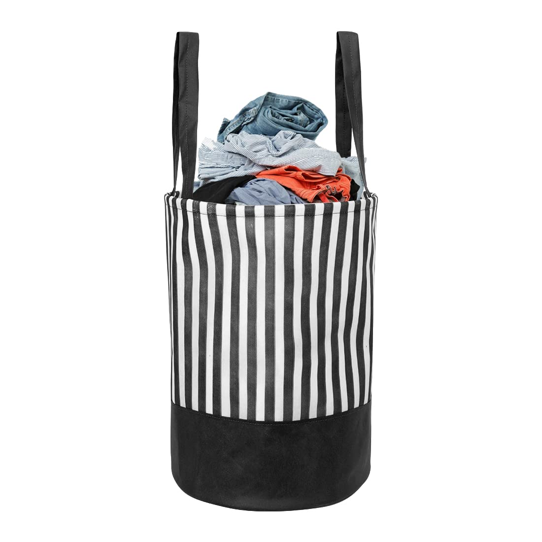 PrettyKrafts 45L Non Woven Stripe Printed Round Foldable Large Laundry Bag/Basket With Handles, Freestanding Clothes Storage Organizer for Bedroom, Bathroom, Dorm (36x36x45cm, Black, Set of 1)