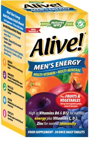 Nature's Way - Alive! Men’s Energy - Complete Multi-Vitamins & Minerals Specially Formulated for Men - with Dried Blend of Fruits and Vegetables - Suitable for Vegetarians - 30 Tablets