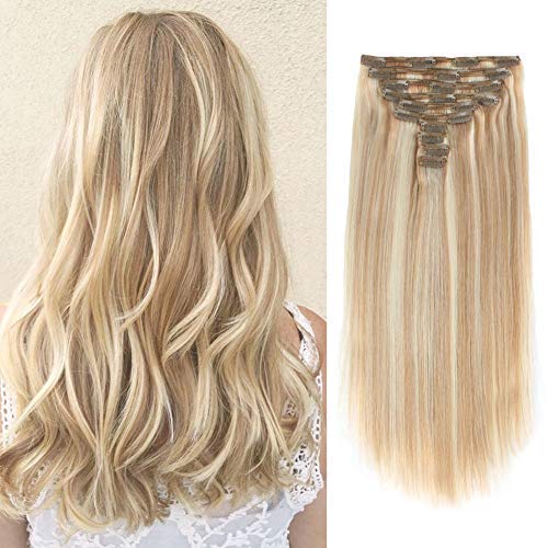 Lovrio 160g 20 inch Clip in Human Hair Extensions, Color Highlighted Dark Dirty Blonde Mixed with Platinum Ash Blonde P12/60 180g 20 inch 10 pieces 21 clips