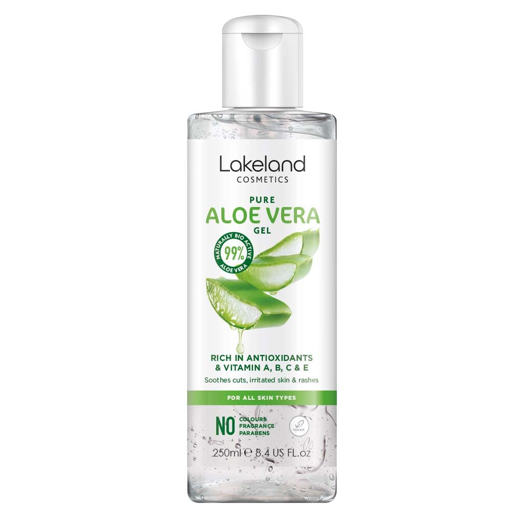 Lakeland Cosmetics Aloe Vera Gel 250ml contains 100% pure natural bio active aloe gel moisturiser, soothes cuts, irritated skin, burns & sunburn relief for face & body great aftersun lotion cream