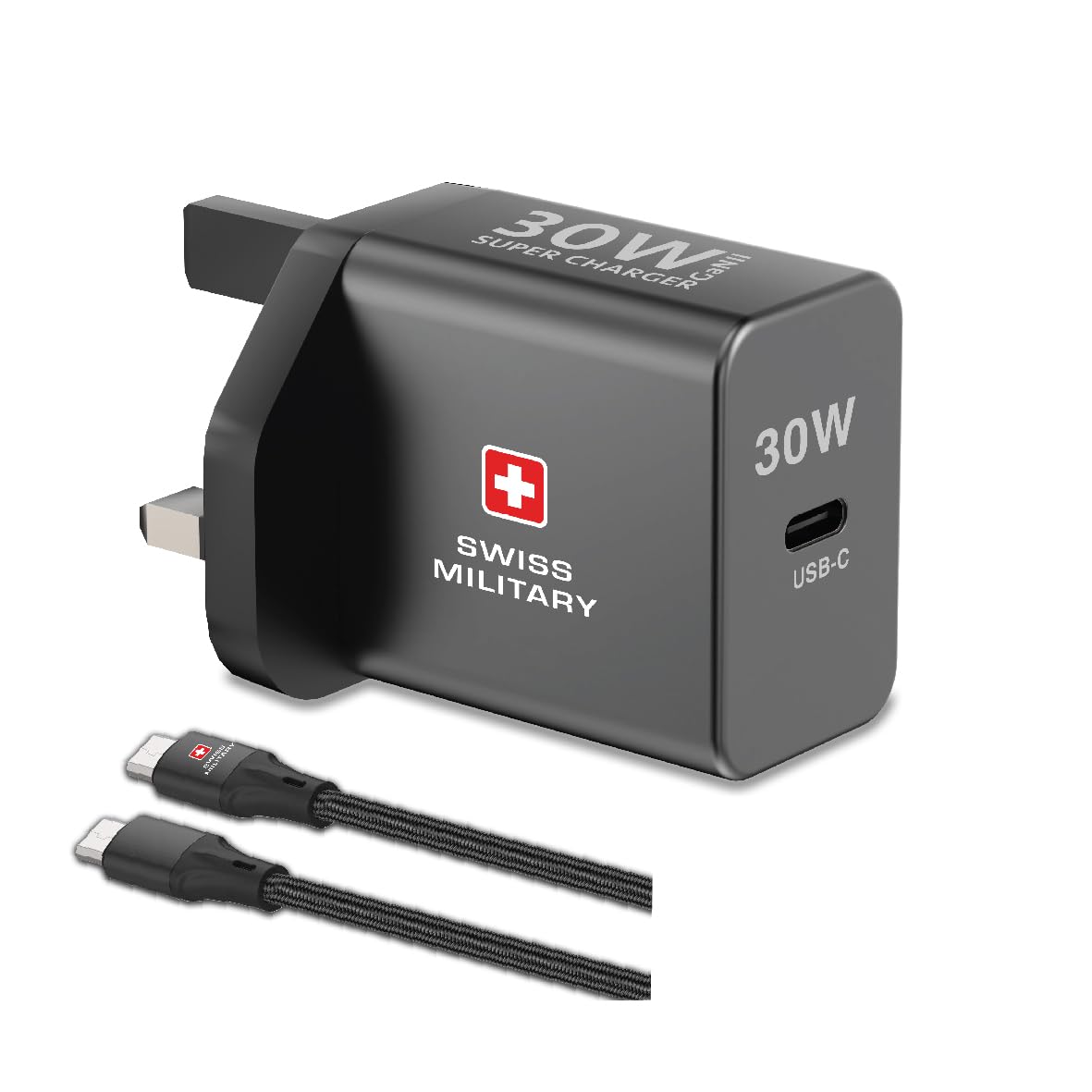 Swiss Military 30W GaN II Power Delivery Ultra-Fast Compact Charger with USB-C Port and Braided Cable | Heat Resistant Design | Compatible with Tablets, iPhone,Samsung, and More | 5Yr Warranty