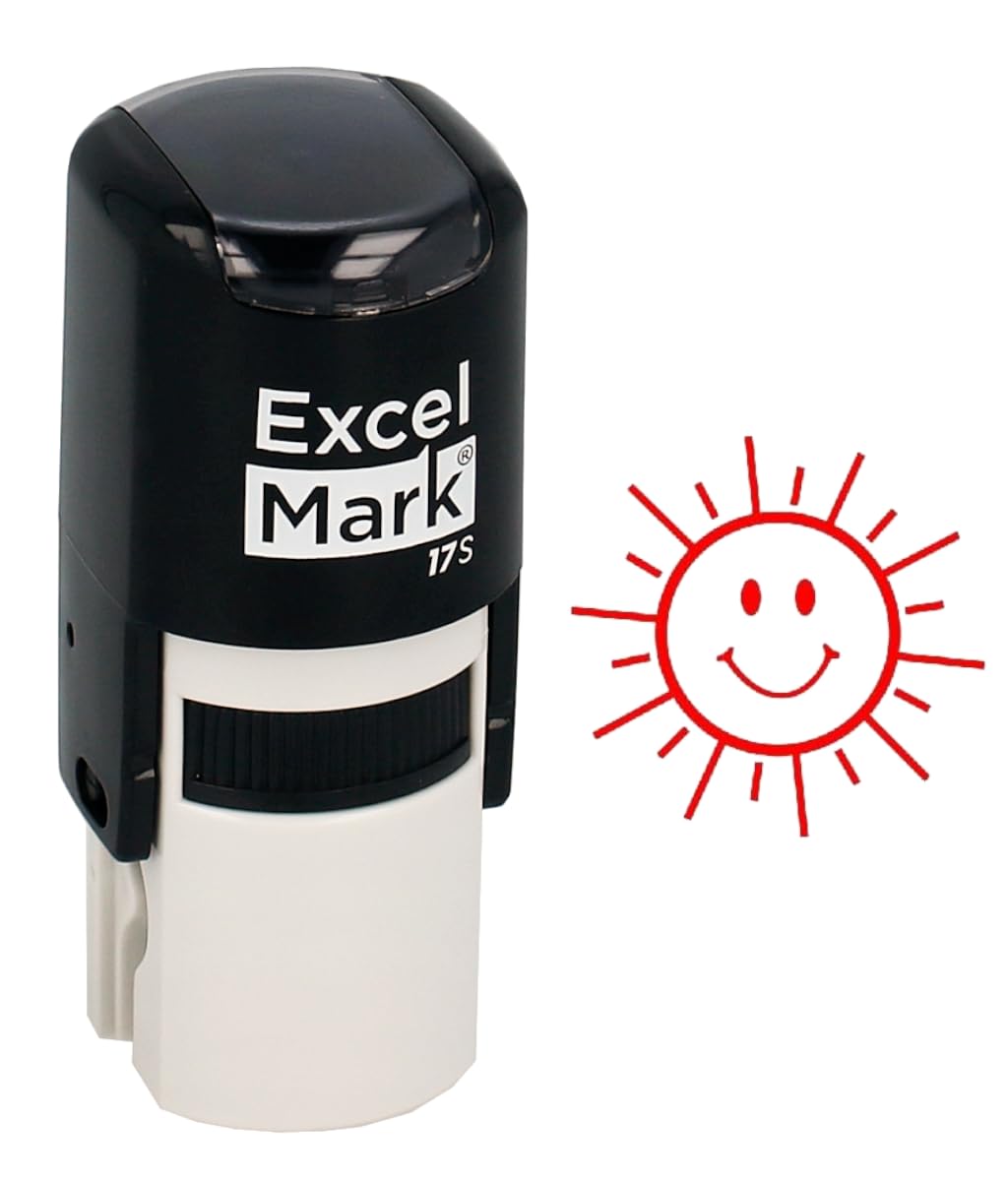 ExcelMark Happy Sun - Round Self-Inking Teacher Stamp - Red Ink