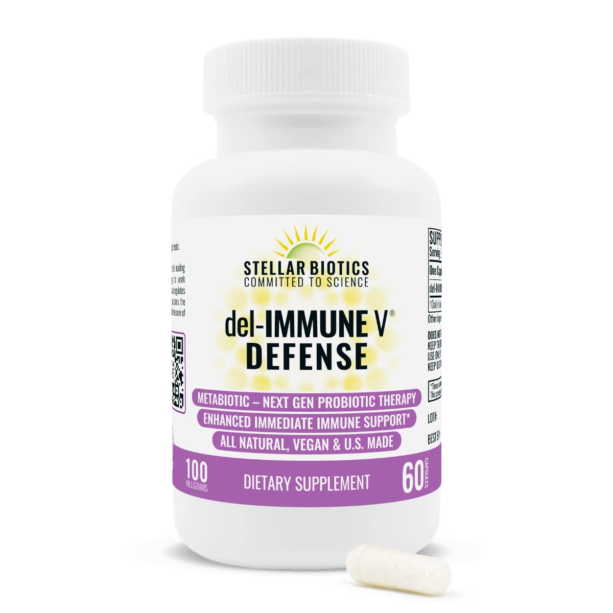 Del-Immune V® Defense by Stellar Biotics, All-Natural Immune Support & Gut Health (+) Immediate Care, Metabiotic: NextGen Probiotic Therapy (60 Caps)