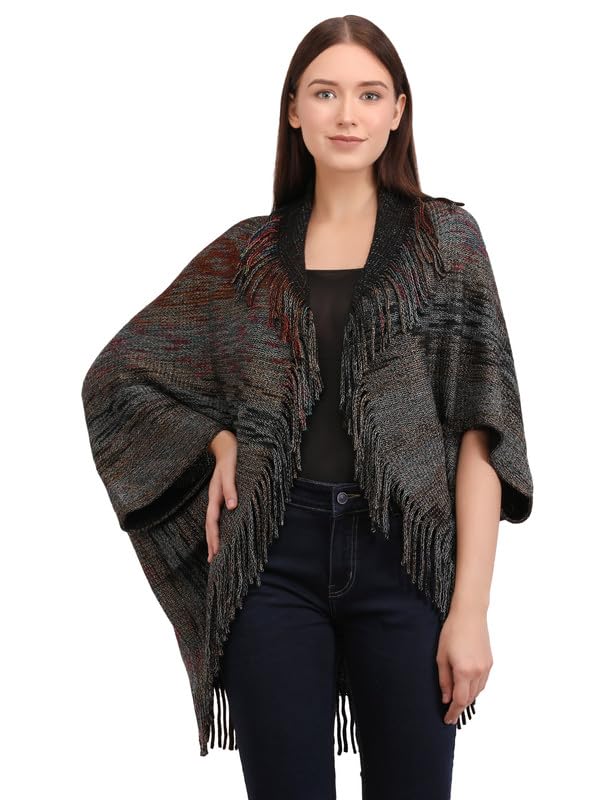 GenericMANRA Women Woolen V-Neck Poncho Open Front Half Sleeves Shrug Style Wrap with Tassel Fringe for Women (SC 111 Shrug)