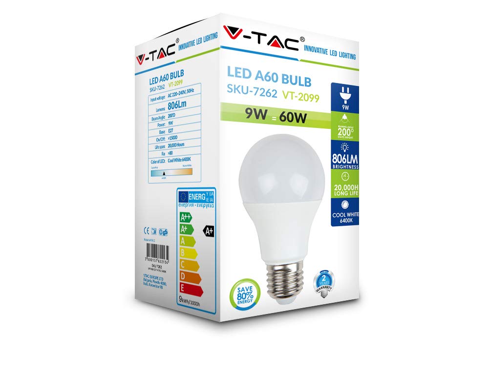 V-TAC 5.5W Energy Saving Candle LED Light Bulb 60W Equivalent E27 ES Edison Screw Cap 6400K White Non Dimmable, VT-2099