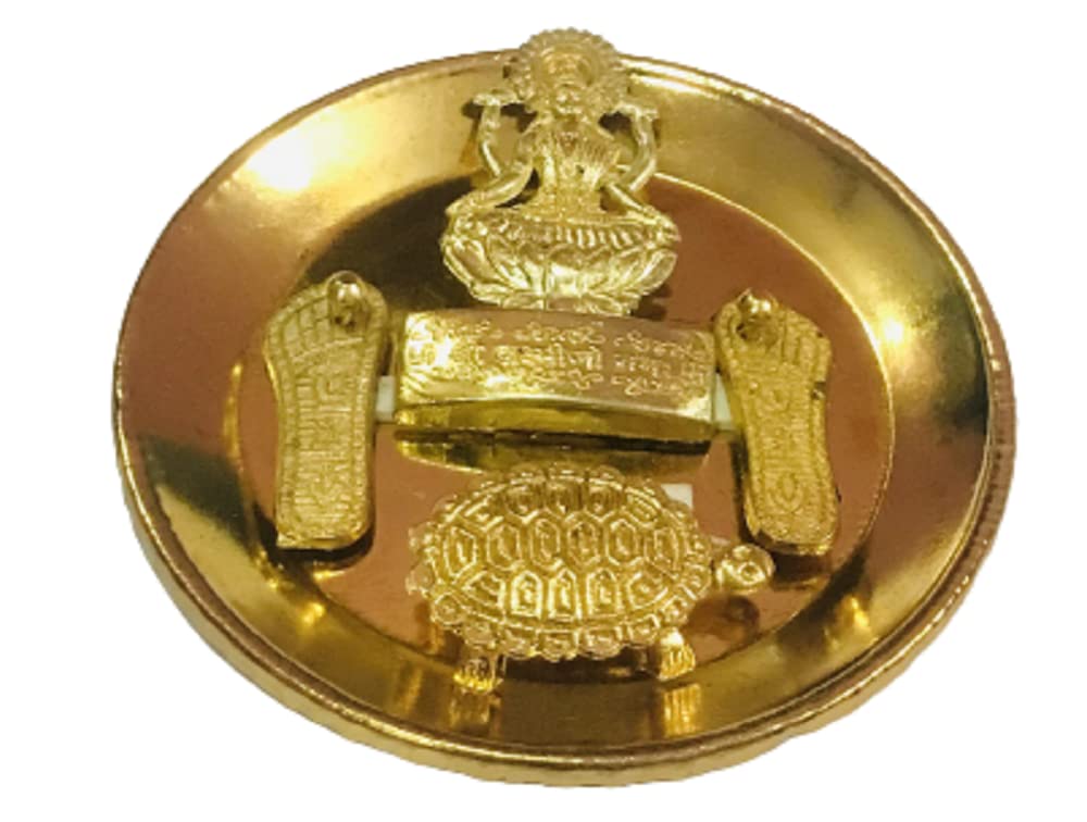 SAI MARTBrass Laxmi Charan Paduka,Wish Fulfilling Tortoise/Turtle Feng Shui Plate Vastu Pooja/Puja Yantra Good Luck Living Positivity, Wealth, Money, & Longevity 3 inch Best Career Gift Gold