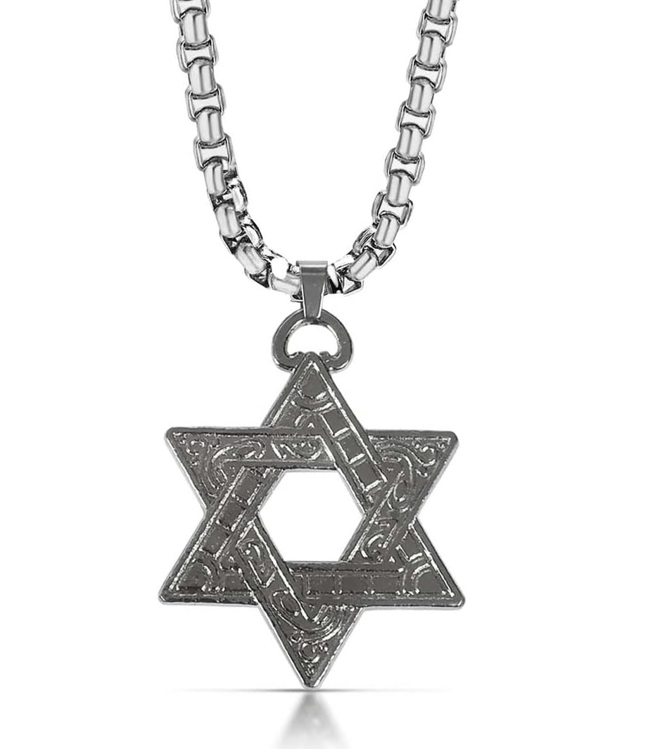 BigwheelsUnisex Silver Color Stainless Steel Hexagram Shape Dual Side 6 Point Star Of David Magical Scosha Star Amulet Design Locket Pendant Necklace With Box Chain