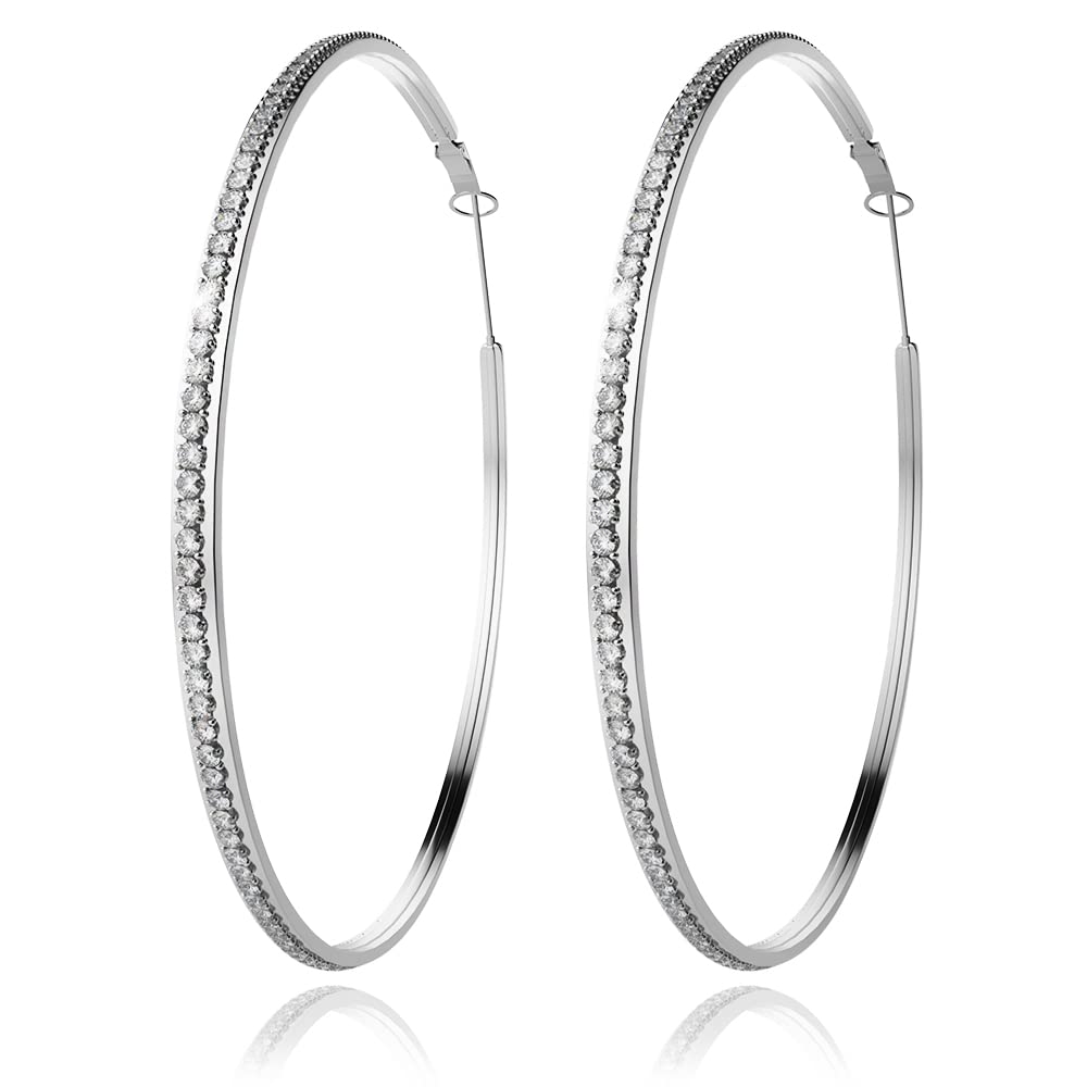 Cubic Zirconia Hoop Earrings for Women - 14K Gold Plated 925 Sterling Silver Shiny Wide Round Hoop Earrings