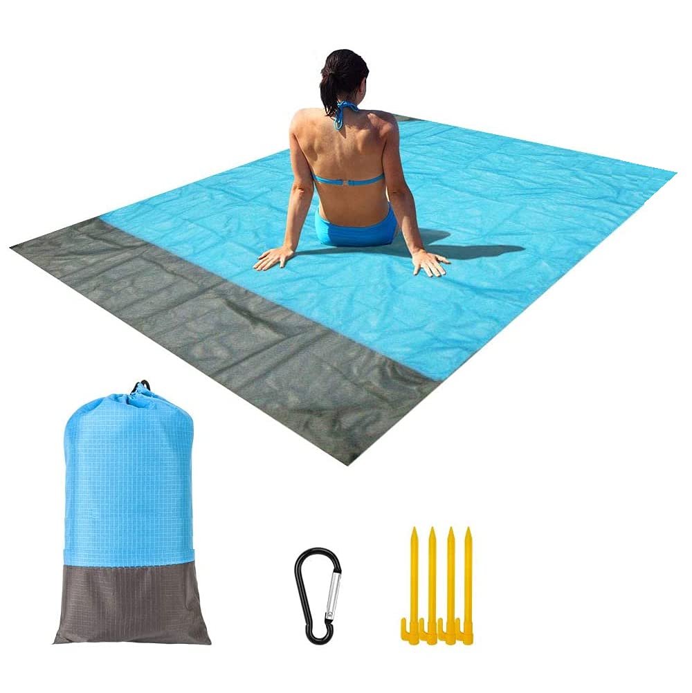 Litenyx Picnic mats Foldable Waterproof, Outdoor Travel Camping, Beach mat Blanket Sand Proof with Portable Bag and 4 Fixed Nails for Family (Blue)