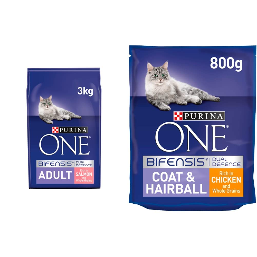 Purina One Adult Cat Salmon And Whole Grains, 3 Kg & Coat And Hairball Adult Dry Cat Food Rich In Chicken And Whole Grains, 800 grams