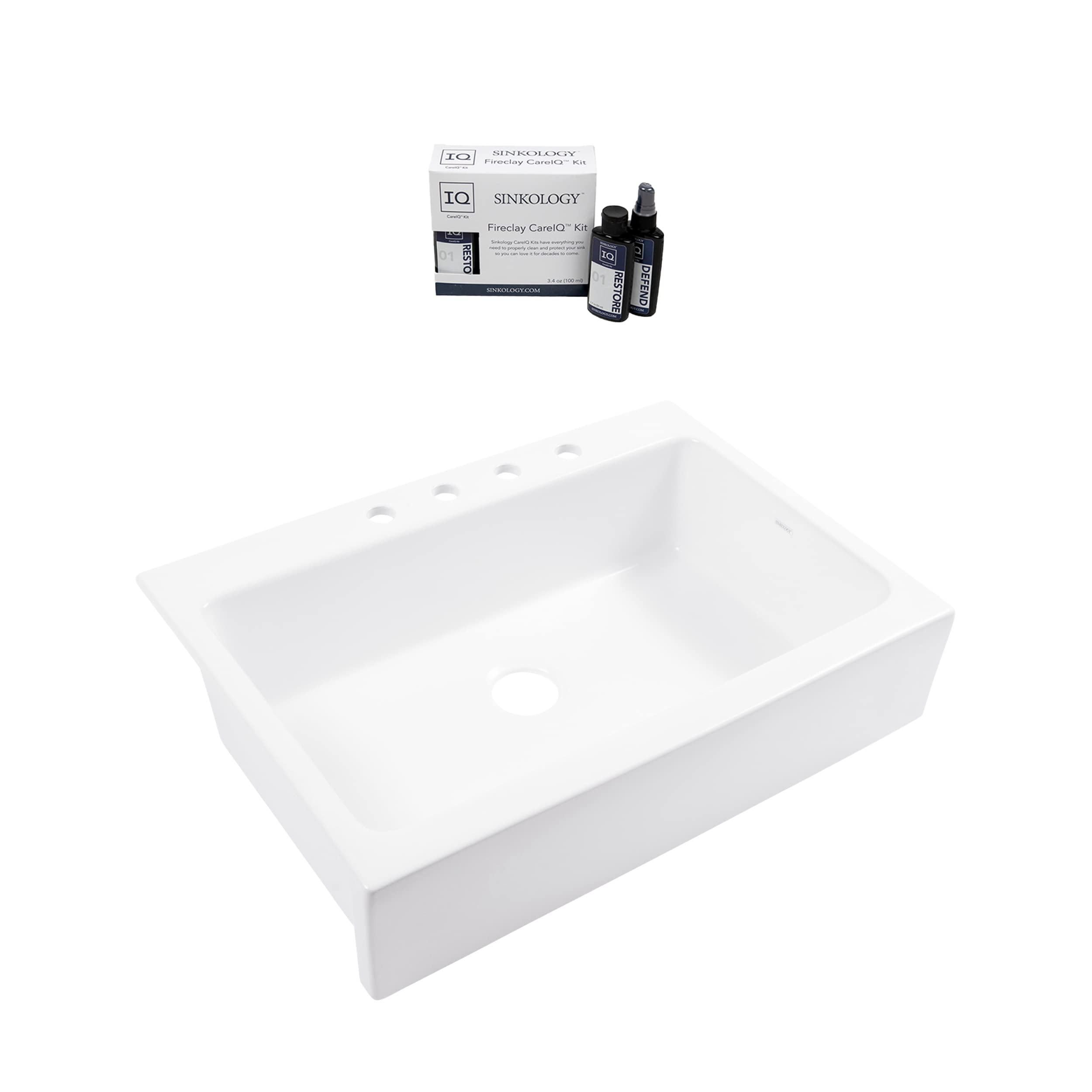 Parker Fireclay Quick-Fit Drop-In Farmhouse Kitchen Sink and Care Kit, 34" Crisp White Single Bowl with 4 Holes