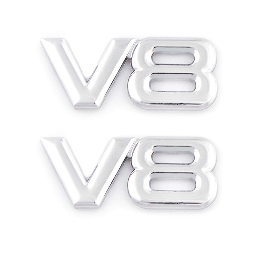 2Pcs V8 Emblems Premium Car Decoration Badge Emblem Sticker for Mustang Touareg X5 (Silver)