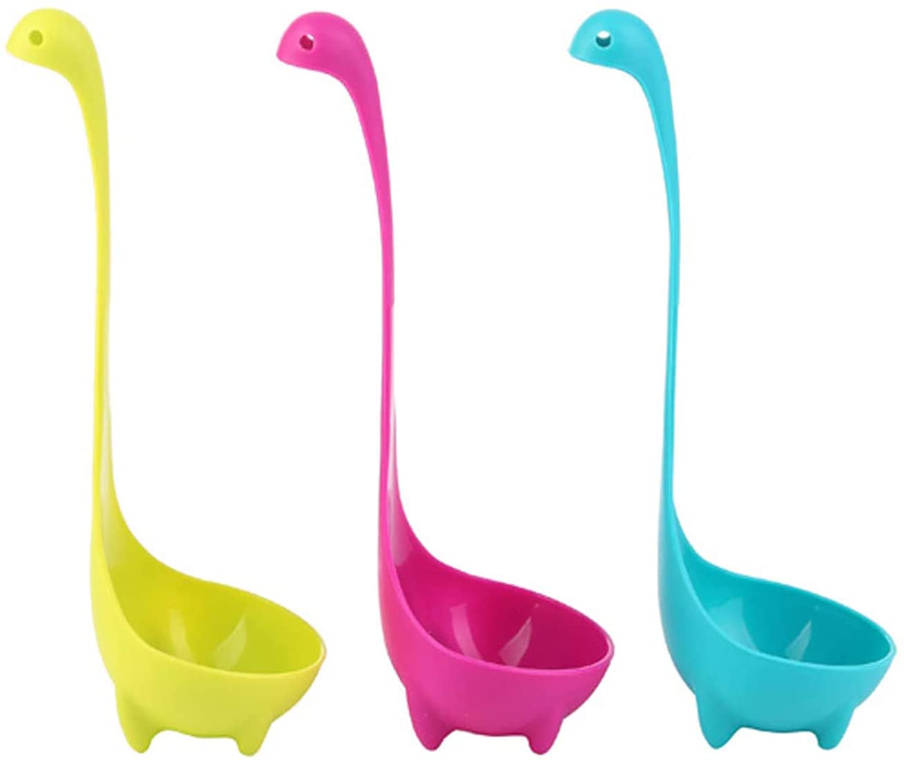 DELFINO Soup Ladle Spons Loch Ness Monster Spoon Cute Kitchenware Household Gadgets 3 PCS Dinosaur Long Handle Standing Plastic Generic Cartoon Design (Lake Blue/Grass Green/Rose Red)