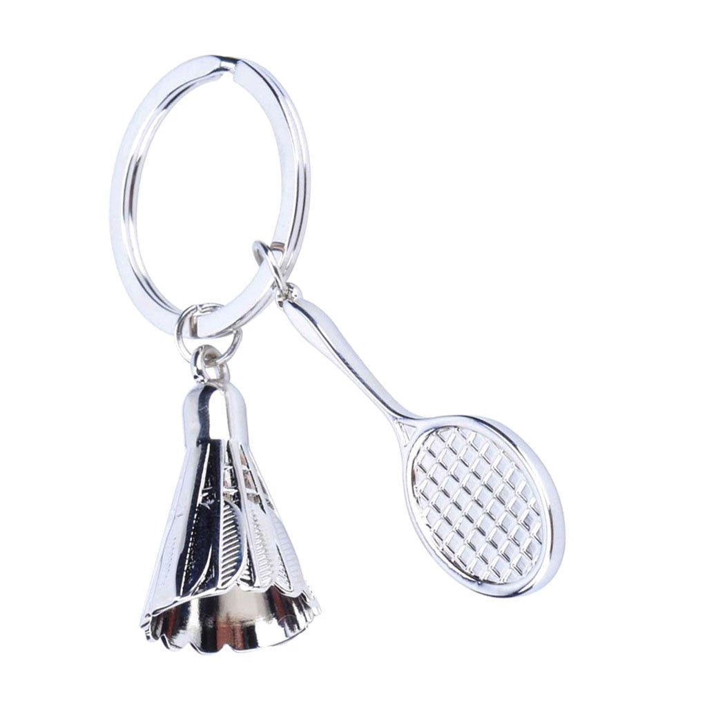 Silver Alloy Mini Badminton Racket Shuttlecock Pendant Keyring Key Chain