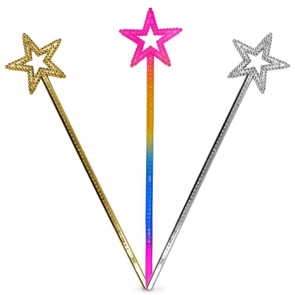 3 Pcs Star Wands, Star Fairy Wands, Princess Star Wands for Girls, Angel Magical Wands for Birthday, Party, Halloween, Christmas, Masquerade Dress Up, Gift for Girls(Sliver, Gold, Colour)