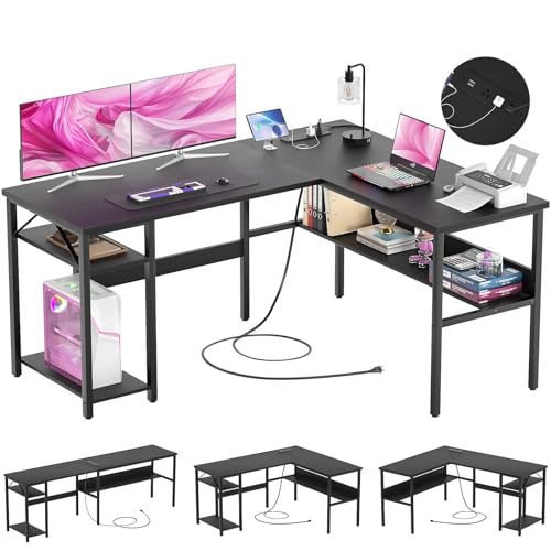 Reversible L Shaped Computer Desk with Power Outlets and USB Charging Ports, Sturdy Corner Desk with Storage Shelf, Modern Work Gaming Table for Home Office, Easy to Assemble, Black