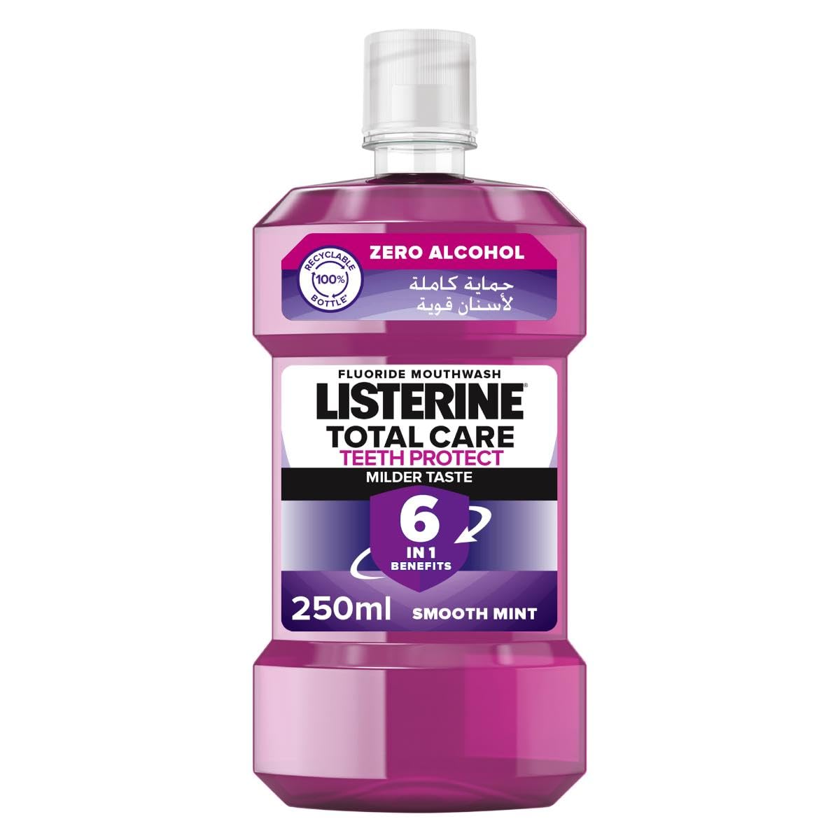 ListerineTotal Care, Teeth Protect, 6 Benefit Fluoride Daily Mouthwash, Milder Taste, Smooth Mint, 250ml