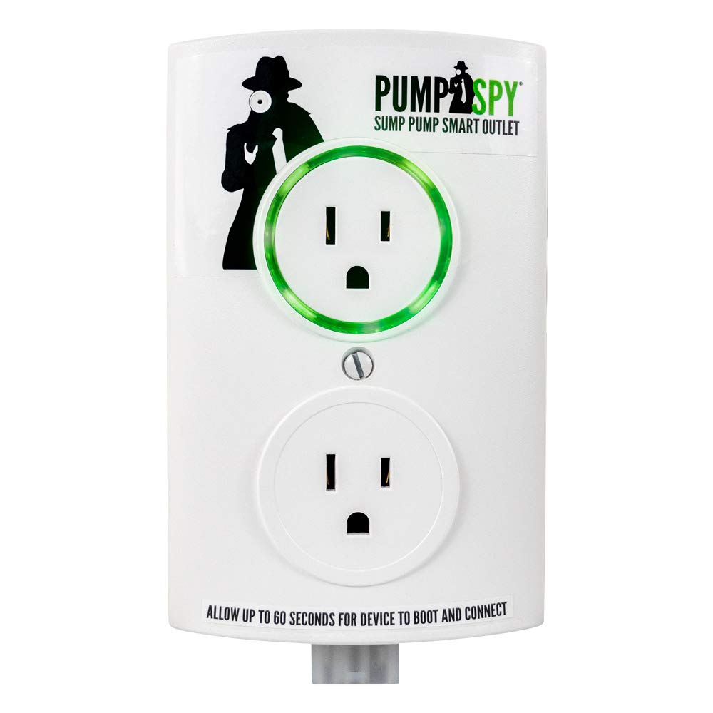 PumpSpy WiFi Sump Pump Smart Outlet with Sump Pump Water Level Sensor, 24/7Monitoring & Alerts, Works with any 120V Sump Pump, Has Additional Outlet for Backup System For Sump Pump, White